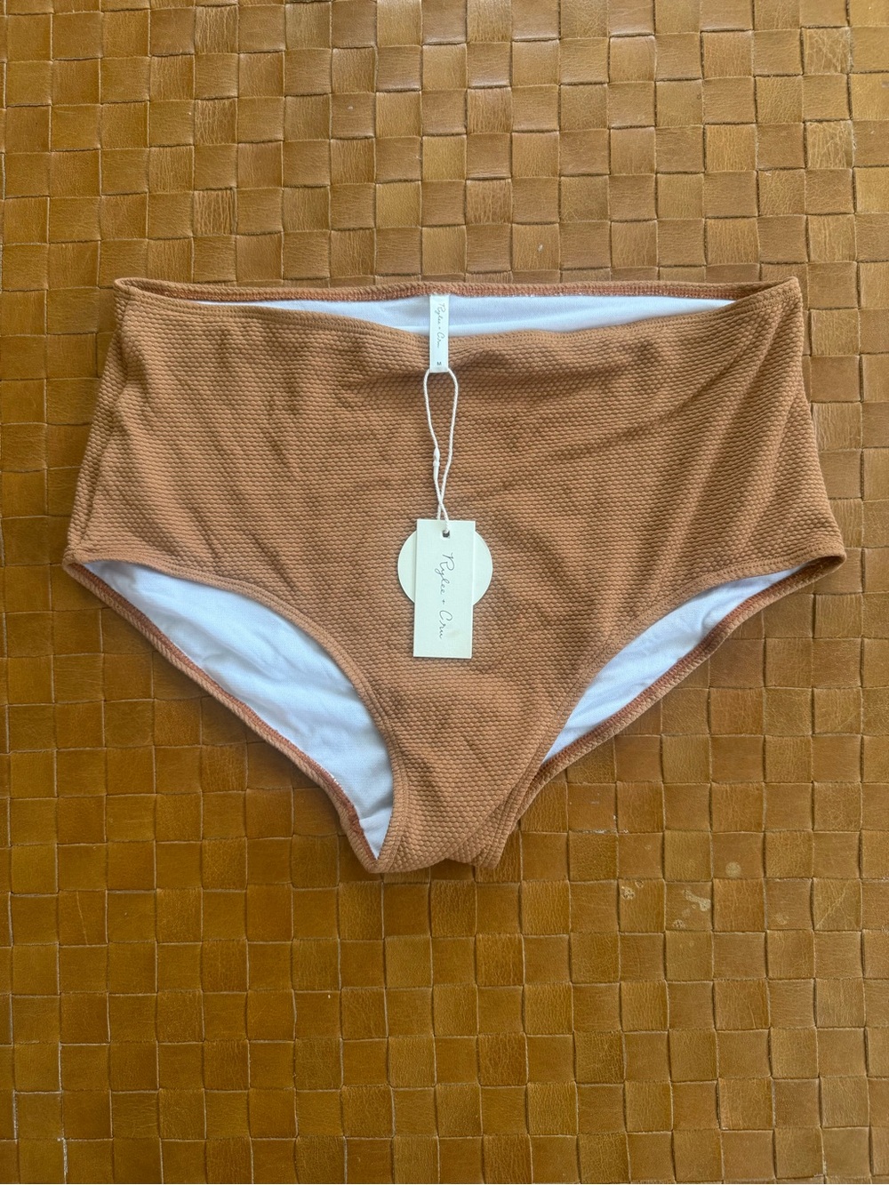 Rylee + Cru, High-Waist Textured Bikini Bottoms — Rust/bronze color